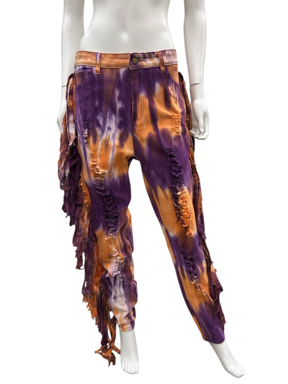 NWT Purple Candy Pants Women’s Size XL Fringes Holes Tye Dyed Purple And Orange